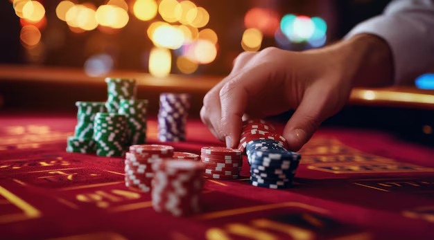 Player views five cards and dealer's first card, then decides to fold or raise Caribbean Stud Poker dealer's first card showing and player decision interface